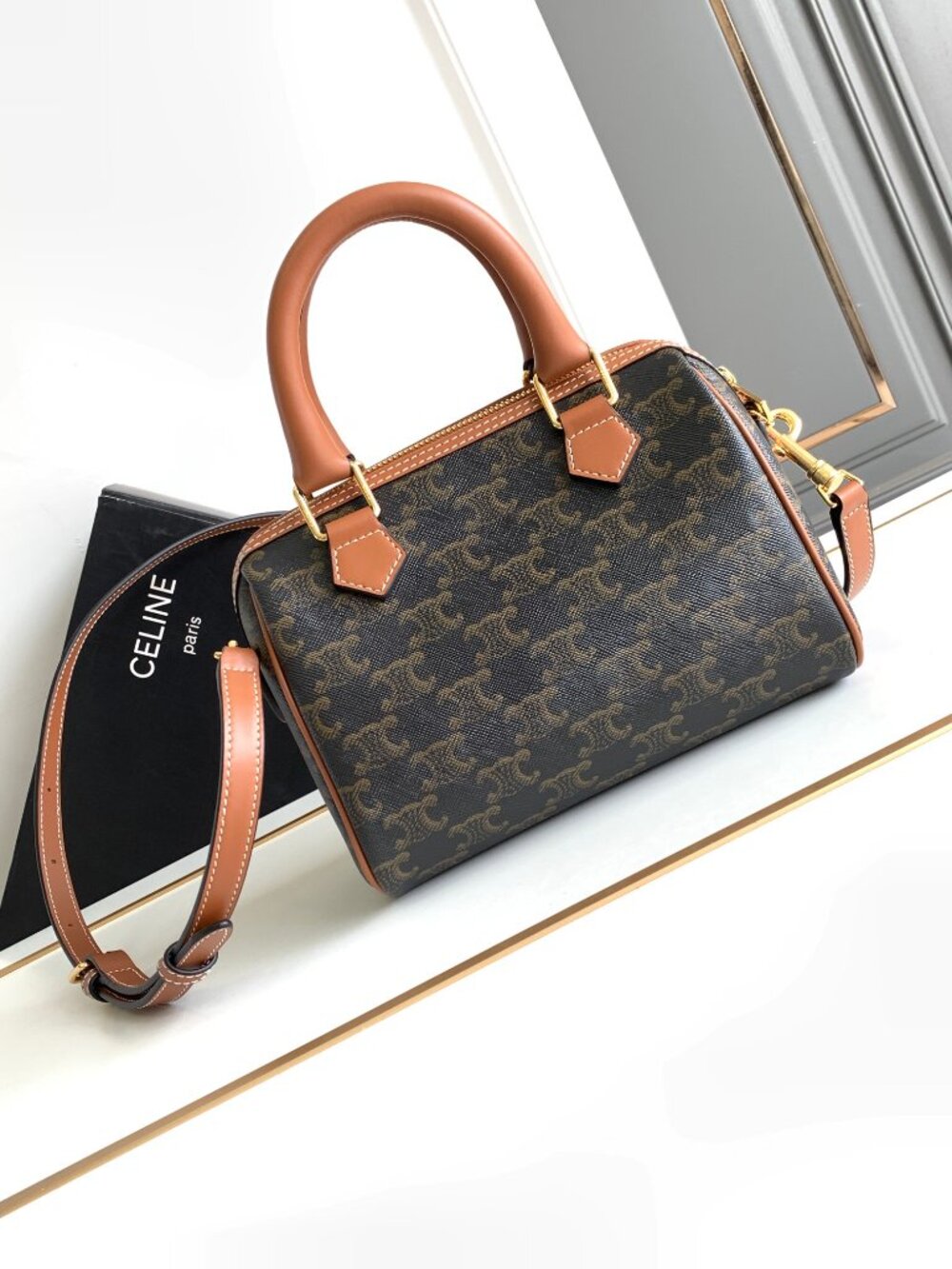 Celine Small Boston Bag in Triomphe Canvas